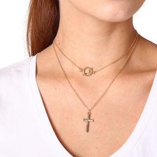 Alloy Cross Pendant Layered Necklace 1680 - Gold - One Size