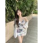 Spaghetti Strap Floral Print Shirred Bodycon Dress / Cardigan