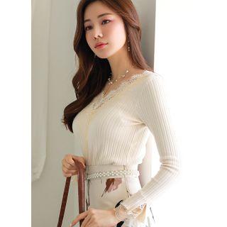 Lace-trim Slim Rib-knit Top