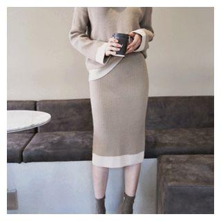 Set: Contrast-trim Knit Top + Knit Midi Skirt Khaki - One Size