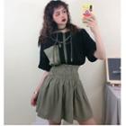 Color Block Elbow-sleeve Hooded T-shirt / High Waist Mini Skirt