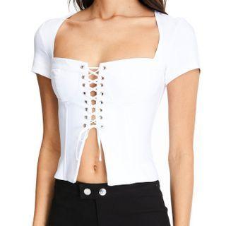 Short Sleeve Square-neck Lace-up Cropped Top