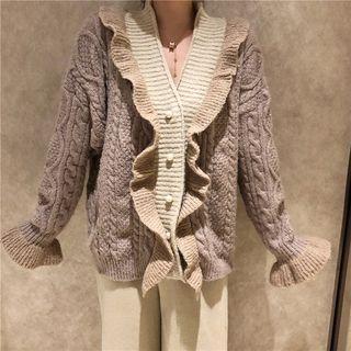 Ruffle-hem Cable-knit Cardigan Purple - One Size