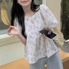 Puff-sleeve Floral Blouse Purple & White - One Size