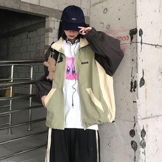 Color Block Zip-up Jacket Gray & Green - One Size