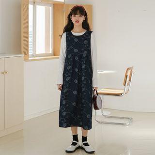Embroidered Denim Midi A-line Overall Dress