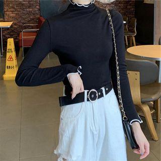 Mock Neck Frill Trim Knit Top
