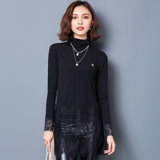 Long-sleeve Turtleneck Lace-panel Tunic