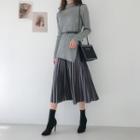 Set: Mock-neck Knit Top + Long Velvet Skirt + Belt