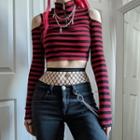 High Neck Stripped Cut-out Shoulder Long Sleeve Crop Top