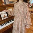 Long-sleeve Wide-collar Floral Print Midi A-line Dress Red Floral - Beige - One Size