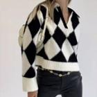 Long Sleeve V-neck Collar Argyle Print Loose-fit Sweater
