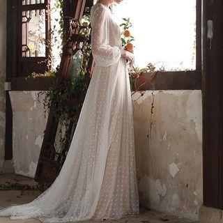 V-neck Long-sleeve Dotted See-through Dress