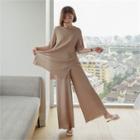 Set: Elbow-sleeve Slit-hem Top + Band-waist Pants