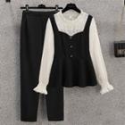 Bell-sleeve Mock Two-piece Blouse / Straight-leg Pants