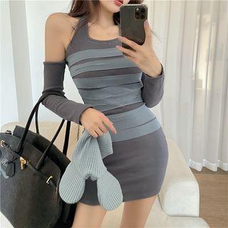 Long-sleeve Cold-shoulder Halter Neck Mini Sheath Dress