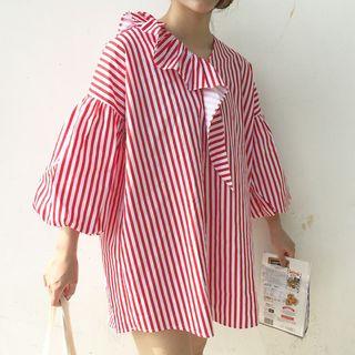 Striped Frill Trim 3/4 Sleeve Shirtdress