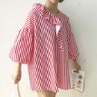 Striped Frill Trim 3/4 Sleeve Shirtdress