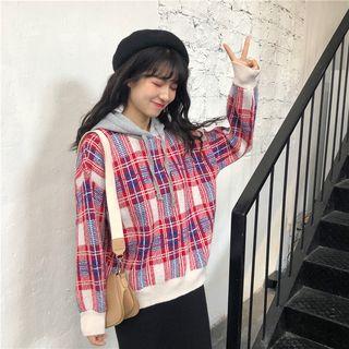 Color-block Plaid Knit Hoodie