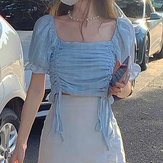 Off-shoulder Drawstring Cropped Blouse Blue - One Size