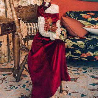 Cold-shoulder Velvet Lace-sleeve Midi A-line Dress