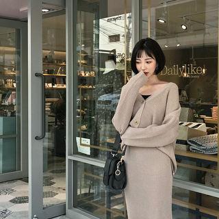 Set: Drop-shoulder Rib-knit Cardigan + Long Skirt