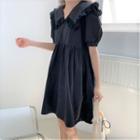 V-neck Puff-sleeve Mini A-line Dress Black - One Size