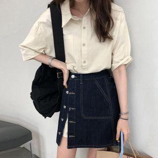 Set: Short Sleeve Plain Shirtdress + Denim A-line Skirt