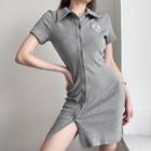 Short-sleeve Logo Embroidered Button-up Mini Sheath Dress