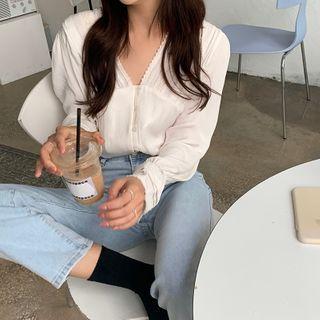 V-neck Blouse Beige - One Size