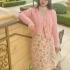 Lace Top / Plain Cardigan / Floral Midi A-line Skirt