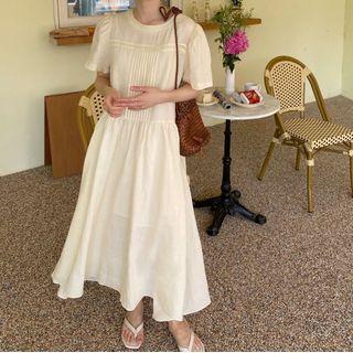 Plain Puff Sleeve Ruched Maxi Dress