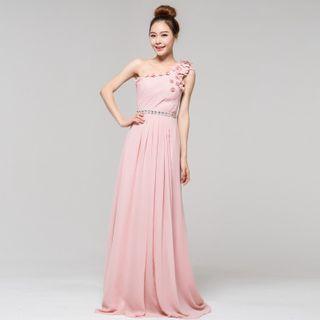 One-shoulder Rosette Sheath Evening Gown