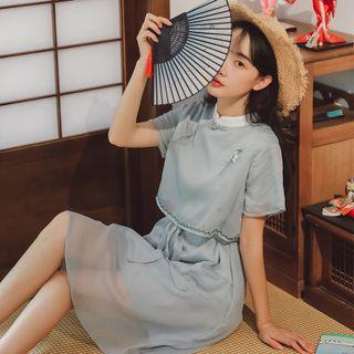 Short-sleeve Floral Embroidered Frog-buttoned Tie-waist Midi A-line Dress