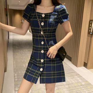 Plaid Short-sleeve Square-neck Button Mini A-line Dress