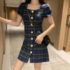 Plaid Short-sleeve Square-neck Button Mini A-line Dress