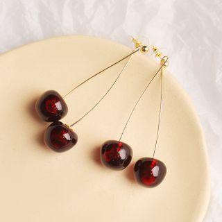 Cherry Dangle Earring 1 Pair - 925 Silver Steel - Dark Red Cherry - Gold - One Size