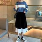 Color Block Sweater / Midi Velvet A-line Skirt