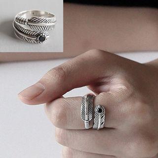 925 Sterling Silver Stone Feather Wrap Around Open Ring Black Rhinestone - Silver - One Size