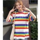 Elbow-sleeve Striped T-shirt Multicolor - One Size