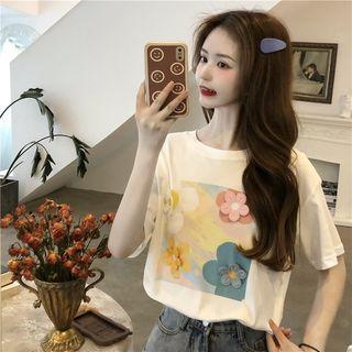 Elbow-sleeve Floral Print T-shirt White - One Size