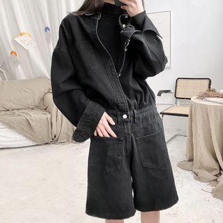 Long-sleeve Button-up Denim Romper