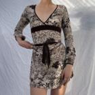 Long Sleeve V-neck Floral Print Tie-waist Mini Bodycon Dress