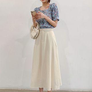 Puff-sleeve Floral Print Blouse / A-line Skirt / Set