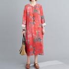 3/4-sleeve Floral Print Linen Blend A-line Midi Dress