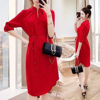 Elbow-sleeve Plain Stand-collar Dress