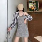 Plaid Long-sleeve Shirt / Plain Sleeveless Dress