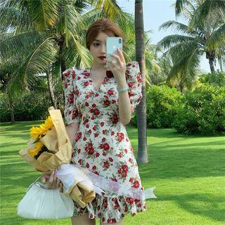 Floral Print Short-sleeve Mini A-line Dress Floral Dress - White - One Size