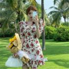 Floral Print Short-sleeve Mini A-line Dress Floral Dress - White - One Size