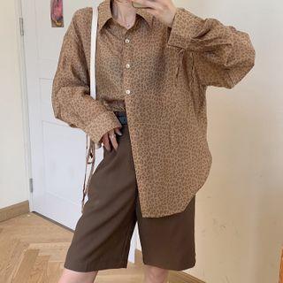 Long-sleeve Leopard Print Shirt / Wide-leg Shorts